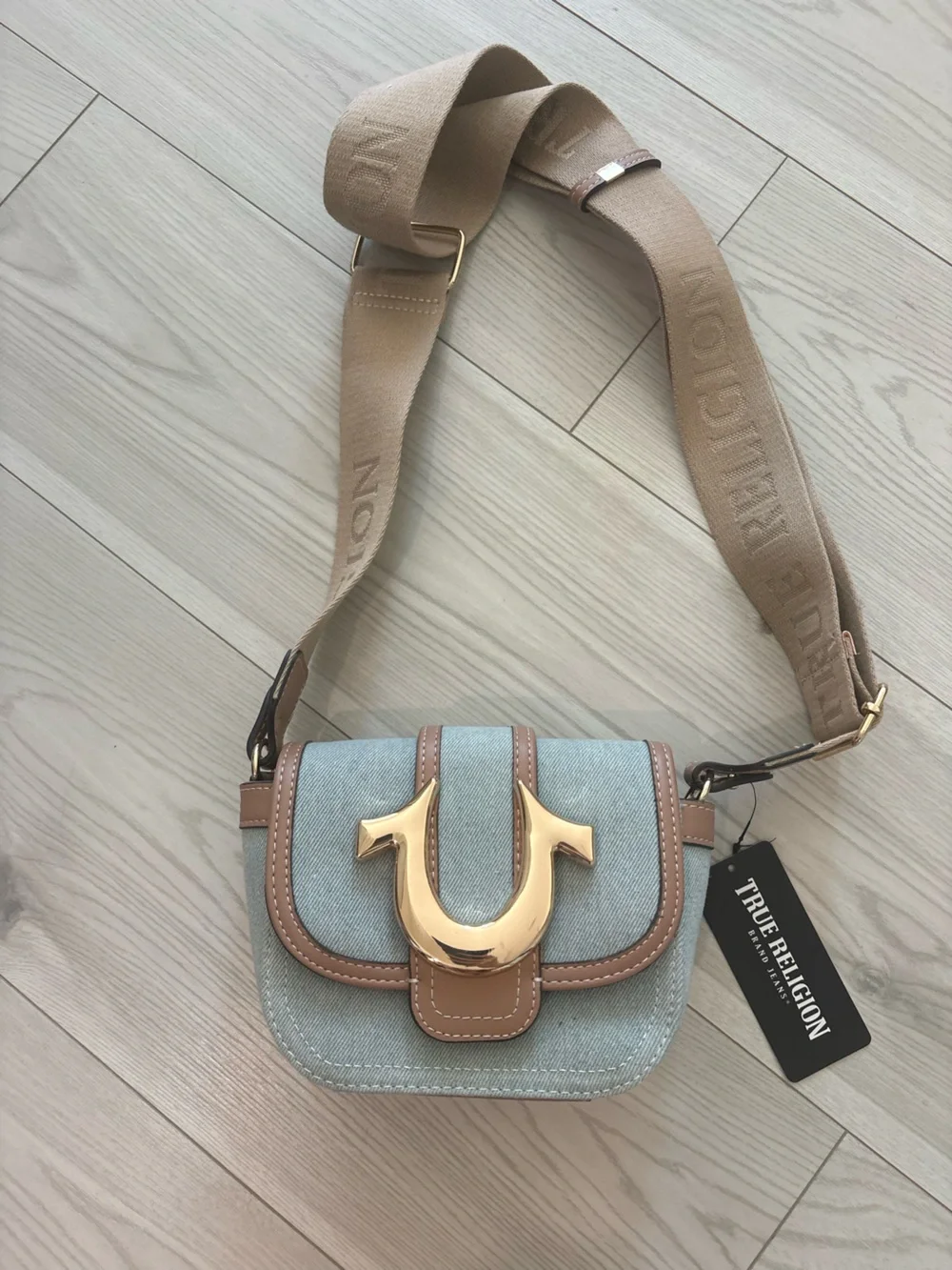 True Religion Denim Crossbody with Tan Trim and Gold Hardware